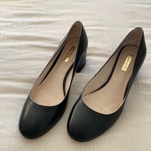 Black leather pumps square 2” heel.
